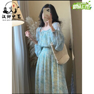 漢卿中夏韓國年港風(fēng)復古名媛氣質(zhì)碎花收腰顯瘦雪紡長(cháng)袖連衣裙女 綠色 L