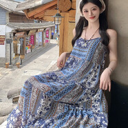FOX.G吊帶連衣裙女士裙子夏天女裝2025夏季新款遮肚子新品衣服長裙女裙 波西米亞碎花吊帶連衣裙藍(lán)色單裙 M 【建議115-130斤】
