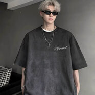 POUM美式扎染短袖t恤男夏季衣服痞帥潮牌寬松情侶體恤男 LJWP-T129黑色 M 【建議95-110斤】