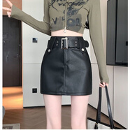 BJORN MOAN腰帶皮裙小性感辣妹甜酷顯瘦短款2025四季PU皮一步裙包臀裙 黑色 S 84-98斤