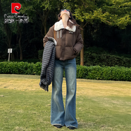 皮爾卡丹（pierre cardin）韓國(guó)感短款翻領(lǐng)羊羔毛外套女冬2025新款小個(gè)子PU質(zhì)感防風(fēng)棉襖 咖啡色 S 【80-105斤】