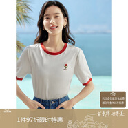 茵曼涼感撞色繡花女裝正肩短袖t恤2025夏季新品打底衫上衣 珍珠白1 M
