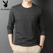 花花公子（PLAYBOY）中年休閑長袖T恤男士春秋純色薄款純棉體恤男衣服長袖t圓領(lǐng)打底衫 R9861黑灰 M 165/105/48100-115斤