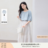 香影中袖襯衫女圓領(lǐng)2025夏裝新款慵懶泡泡袖氣質(zhì)淑女寬松藍(lán)色上衣 套裝 襯衫+半裙 M 160/84A/95-110斤