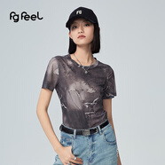 普普風(fēng)2025年夏季新款女裝不規(guī)則印花彈力網(wǎng)紗上衣 QB2C22491S 黑色 S