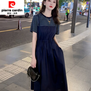 皮爾卡丹（pierre cardin）假兩件撞色拼接條紋短袖連衣裙2025新款夏季修身顯瘦遮肚過膝長裙 藏青色假兩件連衣裙 (有口袋) M 建議90-105斤