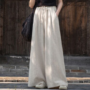 俞兆林（YUZHAOLIN）胖mm禪意2025春秋新款闊腿褲寬松遮肉顯瘦系帶松緊腰休閑褲長(cháng)褲女 原麻 L 115-130斤