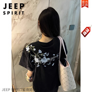 JEEP SPIRIT美式高街花卉重工刺繡短袖t恤男生夏季新款國潮男女純棉半袖上衣T 黑色【字母花夲刺繡】 M 建議【90-110斤】