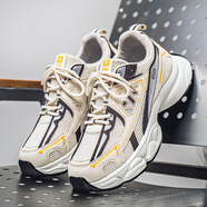 潮小二男鞋夏季透氣2025新款增高老爹潮鞋青少年厚底休閑網(wǎng)面運動鞋子男 米色【升級版】 39