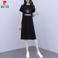 皮爾卡丹過膝氣質(zhì)連衣裙2025夏季胖mm韓版短袖T恤寬松顯瘦女士休閑中長裙 黑色【幸運星圖案】 XL 建議126-138斤
