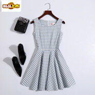 初徑【2.8萬(wàn)人收藏】夏季新款碎花連衣裙韓版時(shí)尚修身甜美小清新學(xué)生 (藍格子) S 建議78-94斤