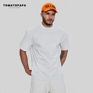 TOMATOPAPA短袖t恤圓領(lǐng)男寬松落肩透氣體恤純色居家情侶上衣套衫 燕麥灰(重磅棉305克±5%g_m) S _偏大
