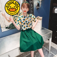 G.DUCKKIDS品牌童裝女童套裝夏季套裙兒童夏裝短袖T恤半身裙子兩件套中大童 B001 綠色 120