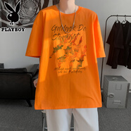 花花公子300G重磅純棉短袖T恤男生夏季爪印設(shè)計感半袖潮牌體恤寬松打底衫 桔紅色 M 【建議105-120斤】