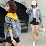 AEMAPE春秋短款牛仔外套女2025新款減齡連帽拼接寬松休閑百搭小個子上衣 黃色帽子寬松版型 常規(guī) M 95-105斤