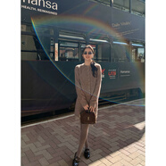 MULVAN柔軟夢(mèng)境 極簡(jiǎn)寬松圓領(lǐng)針織毛衣開(kāi)衫女a(chǎn)字包臀短裙兩件套 花紗咖裙子 L