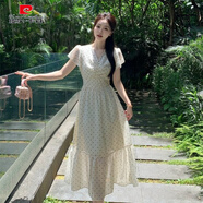 皮爾卡丹法式氣質(zhì)波點(diǎn)V領(lǐng)短袖連衣裙女夏季新款大碼胖mm收腰遮肚雪紡長(cháng)裙 圖片色連衣裙【感氣質(zhì)/鹽系穿搭/ M 【90-100斤】