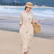 UWLU重工刺繡苧麻連衣裙新款春夏日系文藝棉麻收腰中長(zhǎng)款襯衫裙女 淺杏色 M 建議110-120斤