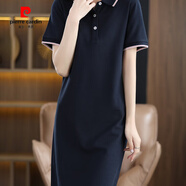 皮爾卡丹（pierre cardin）夏季polo領(lǐng)連衣裙女純棉短袖中長款t恤大碼休閑運(yùn)動裙包臀職業(yè)裝 藏青色 拼色連衣裙 L