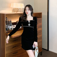 厚黑穿搭名媛氣質(zhì)長(cháng)袖鑲鉆蝴蝶結方領(lǐng)絲絨連衣裙赫本小黑裙晚禮服 黑色 M