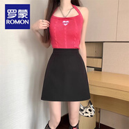 羅蒙（ROMON）胖M妹大碼高腰顯瘦毛呢半身裙女秋冬韓版百搭A字裙小個(gè)子黑色短裙 黑 春夏西裝面料自帶安全褲 2XL