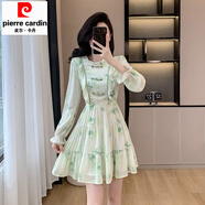 皮爾卡丹（pierre cardin）法式雪紡水墨竹葉國風(fēng)連衣裙女春夏小個(gè)子感新中式長(cháng)袖碎花裙 綠色 L