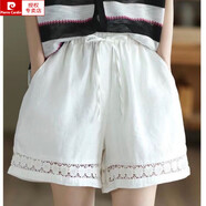 皮爾卡丹（pierre cardin）棉麻短褲女夏季薄款復古鏤空花邊松緊腰休閑褲寬松百搭闊腿棉麻褲 白色 M 90-110斤