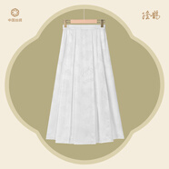 隆鵲中國絲綢桑波鍛【樹葉白色花A擺裙】隆鵲白色新中式夏仙女半身裙 樹葉白色A擺裙 S