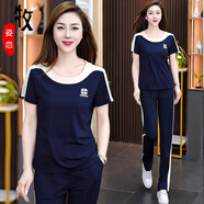 玫姿戀2025新款休閑運(yùn)動(dòng)服套裝女夏季洋氣質(zhì)媽媽時(shí)尚冰絲圓領(lǐng)短袖兩件套 寶藍(lán)上衣+褲子 M 建議85-100斤退換包運(yùn)費(fèi)
