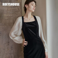 ROEYSHOUSE 羅衣方領(lǐng)禮服連衣裙女秋裝新款氣質(zhì)絲絨拼接包臀裙07942 拼色 M