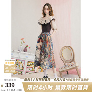 兩三事暮色詩(shī)行 2025夏季新款復(fù)古一字肩露肩條紋印花泡泡袖連衣裙 杏色-y S
