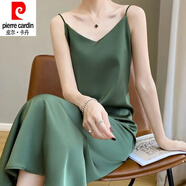 皮爾卡丹（pierre cardin）夏季真絲吊帶連衣裙女桑蠶絲緞面純色長款A字裙收腰連衣裙 牛油果 高品質/柔軟*不起皺 XL 【125-135斤】