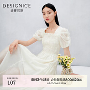 迪賽尼斯（DESIGNICE）夏季新款時尚法式優(yōu)雅純色壓褶泡泡袖收腰長款連衣裙 奶白 L