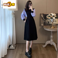 皮爾卡丹（pierre cardin）2025法式新款假兩件氣質(zhì)連衣裙女大碼胖mm時(shí)尚顯瘦撞色拼接中長(cháng)裙 時(shí)尚氣質(zhì)連衣裙【黑色】 2XL 適合【140-160斤】