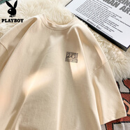 花花公子白色短袖t恤男夏季美式復古簡(jiǎn)約ins潮牌重磅高街寬松學(xué)生半袖體恤 杏色 M