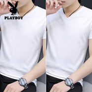 花花公子（PLAYBOY）短袖T恤男V領(lǐng)夏季韓版修身棉白色百搭男士雞心領(lǐng)半袖冰 絲T恤衫男 白色【V領(lǐng)】+白色【V領(lǐng)】 L (100-115斤)