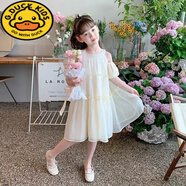 G.DUCKKIDS女童夏季淑女風(fēng)連衣裙2025新款中大童時髦百褶花邊露肩甜美公主裙 蝴蝶蘭白 130 【建議身高120cm左右】