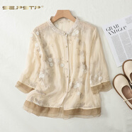 夏典素訂女王（SE.PSTP）棉麻短袖襯衫女寬松復古重工刺繡歐根紗拼接立領(lǐng)亞麻小衫上衣杏色 M 【建議90-110斤】今年流行的輕