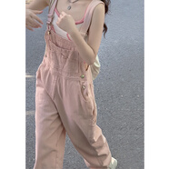 浮夏牛仔背帶褲女2025新款小個子學生奶系粉色洋氣減齡寬松休閑直筒褲 粉紅色 XS