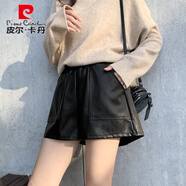 皮爾卡丹胖妹妹2025春裝新款松緊腰皮褲女韓版加大碼短褲闊腿褲百搭休閑褲 黑色 L 大95-110斤