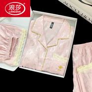 浪莎（LangSha）2025女士睡衣國(guó)風(fēng)真絲短袖套裝三件套帶胸墊夏季開衫高級(jí)感家居服 粉色字母D--蕾絲邊帶胸墊 短款袖 2XL 建議140-160斤