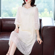 2025夏裝新款洋派寬松刺繡桑蠶絲洋裝女大尺碼杭州真絲中長版裙子 白色[高質] M M建議88-106斤
