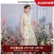 flowerscoming2024春季新款花兒開了網(wǎng)紗拼接蕾絲重工刺繡半身裙彩色亮片仙女裙 杏底繡花 S