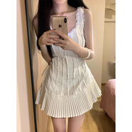 禾戀淑白色連衣裙純欲裙子女夏季2025新款無袖a字小個子氣質顯瘦吊帶裙 蕾絲邊肩帶百褶連衣裙【白色】 均碼 【建議115斤內】