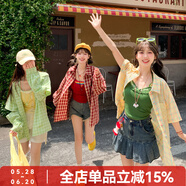 森女部落日常出游休閑寬松格紋撞色顯白長(cháng)袖可拆夏季上衣襯衫女 黃色襯衫（單件） S