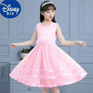 迪士尼女童連衣裙公主裙2024夏季新款演出禮服裙子女孩中大童兩朵花彩條 2朵花公主裙粉色 140 [適合身高1米3左右]