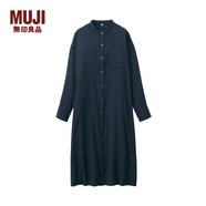 無(wú)印良品 MUJI 女式 印度棉雙層紗織 立領(lǐng)連衣裙 深海軍藍(lán)  M-L