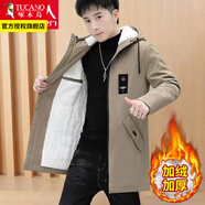 啄木鳥外套男士裝中長(zhǎng)款秋冬季潮流加絨加厚款?yuàn)A克寬松大碼衣服外套 駝色（加絨） XL