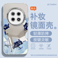 怡楓 適用oppoA5Pro手機殼活力版鏡面新款卡通a3 5G蘋果黑貓a3pro補妝鏡A2防摔A3i女款a1 5G保護套 鏡面補妝殼-藍蘋果黑貓 oppoA3 5G