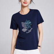 修嫻（soossn）2025夏裝新款珠片葉子刺繡短袖T恤女絲光棉t寬松顯瘦圓領(lǐng)體恤衫 寶藍(lán)色 M